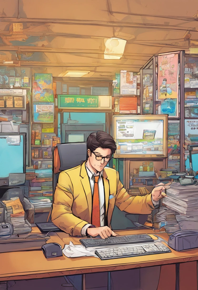 A business salaryman in his 30s is operating a computer。