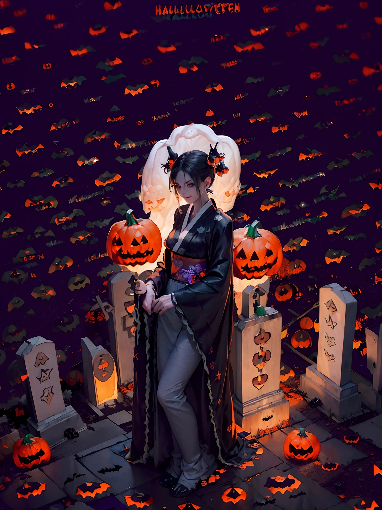 Background of details(Graveyard at night(Halloween),There are many ghosts:2),BREAK ,elaborate costume(Luxury kimono(Black kimono(detailed embroidery))),BREAK,1 Beautiful and classy adult woman(Japanese actressl:1.2)(shinny hair(A black,verdant)(poneyTail) (Have a jack-o'-lantern)),BREAK,Wallpapers 16K,Blur the background,(masutepiece:1.5), (Best Quality:1.5),(Portrait photos:1.5),(full body Esbian:1.5)
