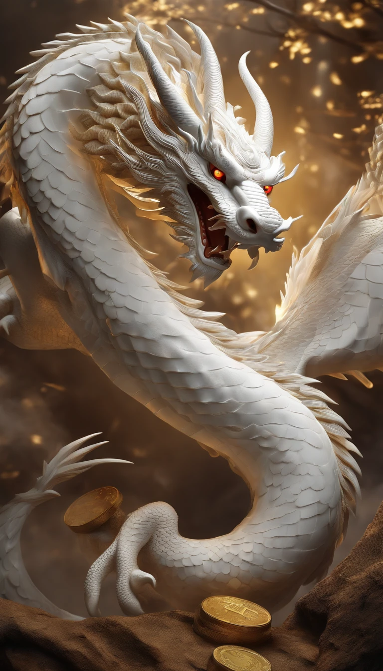 "Very nice 3d rendering of white Chinese dragon,Dynamic representation, Vivid effects and details,Top image quality,A high resolution,plethora of colors, A bunch of coins, treasure"