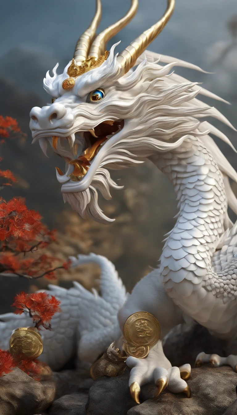 "Very nice 3d rendering of white Chinese dragon,Dynamic representation, Vivid effects and details,Top image quality,A high resolution,plethora of colors, A bunch of coins, treasure"