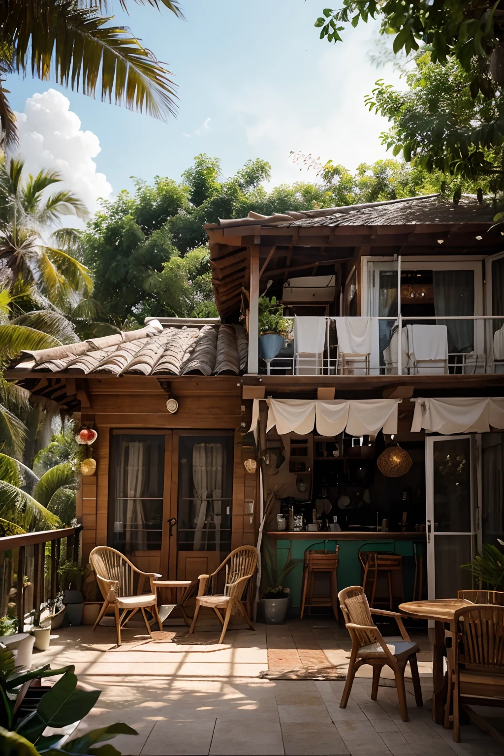 There is a cabana with a balcony and a table with chairs, Hermosa escena detallada, Cottagecore!!, Arte conceptual relajante, Lugar acogedor, Escena altamente detallada, Amazonian floral and jungle environment, 🌺 CGSociety, sunny bay window, Cottagecore, nature and floral aesthetics, Fondo acogedor del hogar, Escena inmensamente detallada, cozy cafe background, Escena realista