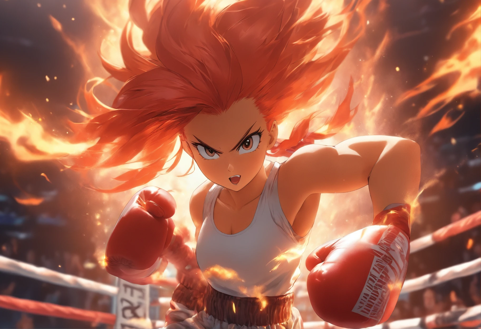 Akiko “The Phoenix” Suzuki: A young woman with long, fiery red hair tied in a high ponytail. She’s wearing boxing gloves and a determined look on her face as she stands in a modern boxing ring.teeth, missing hand, missing arm, splitting
arm, wrong anatomy, split nipples, phong
shader, bad render nipples, black and white,
fat, muscled, fitness