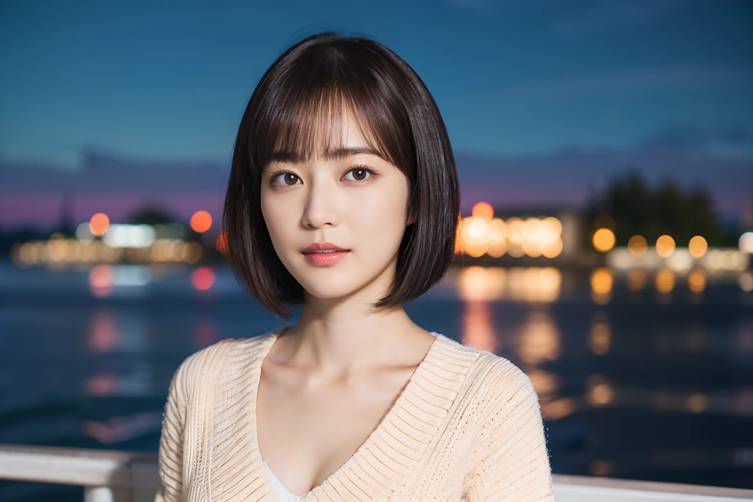 41
(Airy wavy short bob cut:1.23), (a 25yo woman), (A hyper-realistic), (masutepiece), (8KUHD), Being in the harbor at night, Medium chest