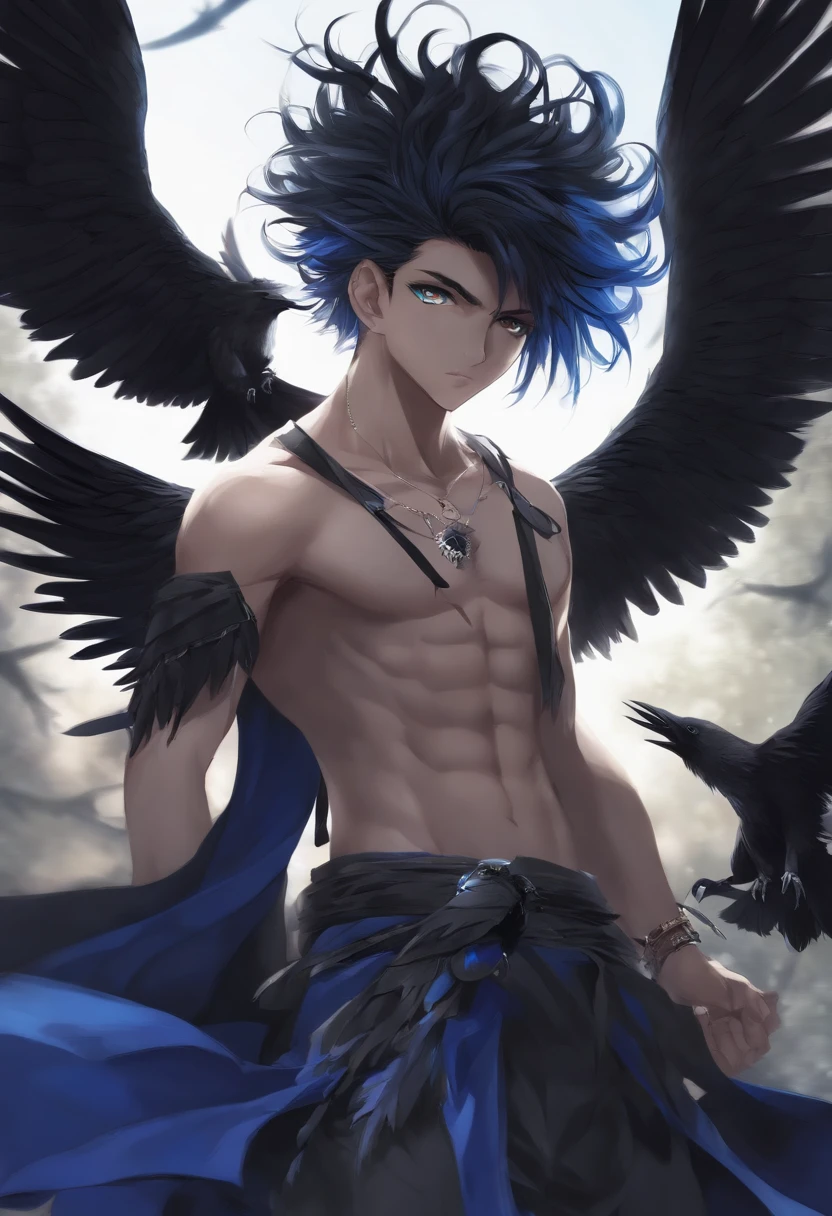 anime, male, fantasy, black eye, blue pupil, raven style, spiky hair, athletic, full body