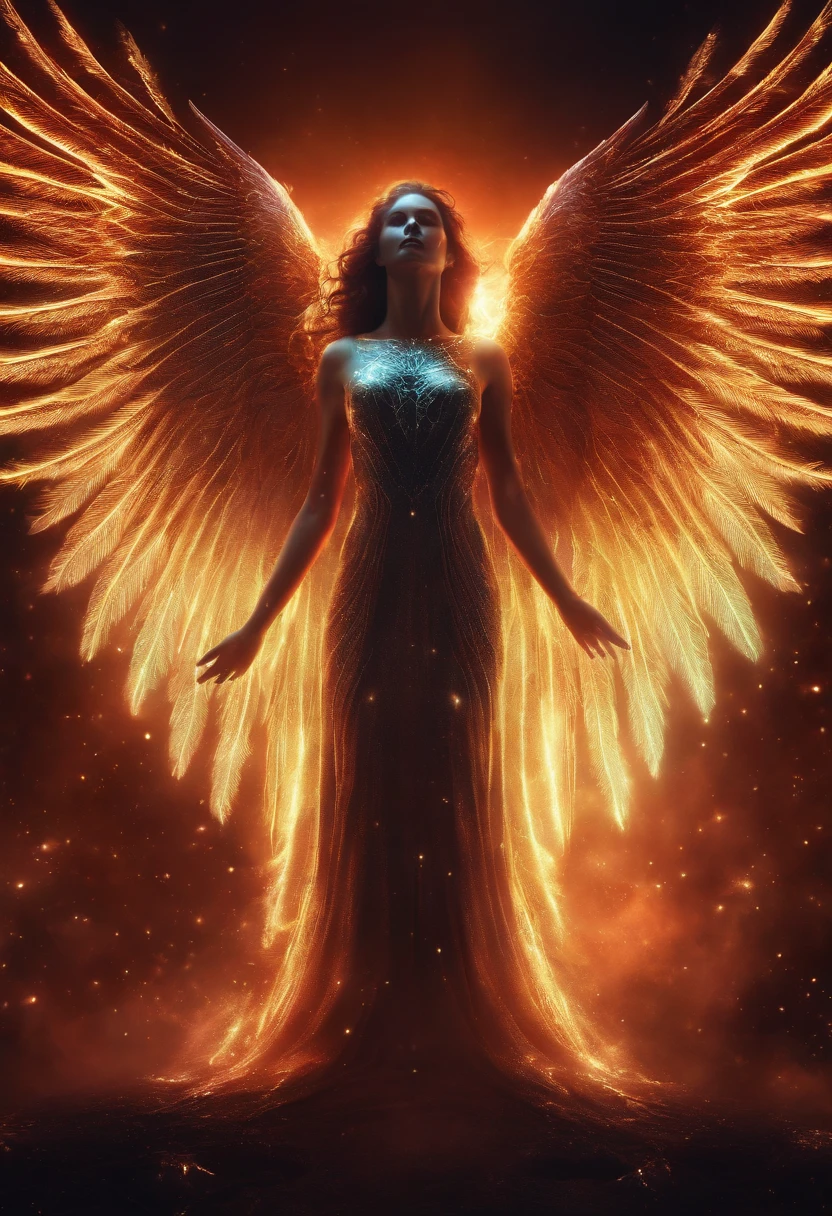 Cosmic fallen angel, Des yeux clairs brillants, Biomechanical, odd, flippant, cauchemardesque, Very bright colors, Light particles, with bright light, Mshiff, Art du papier peint, UHD wallpaper, cornes , MECH elements