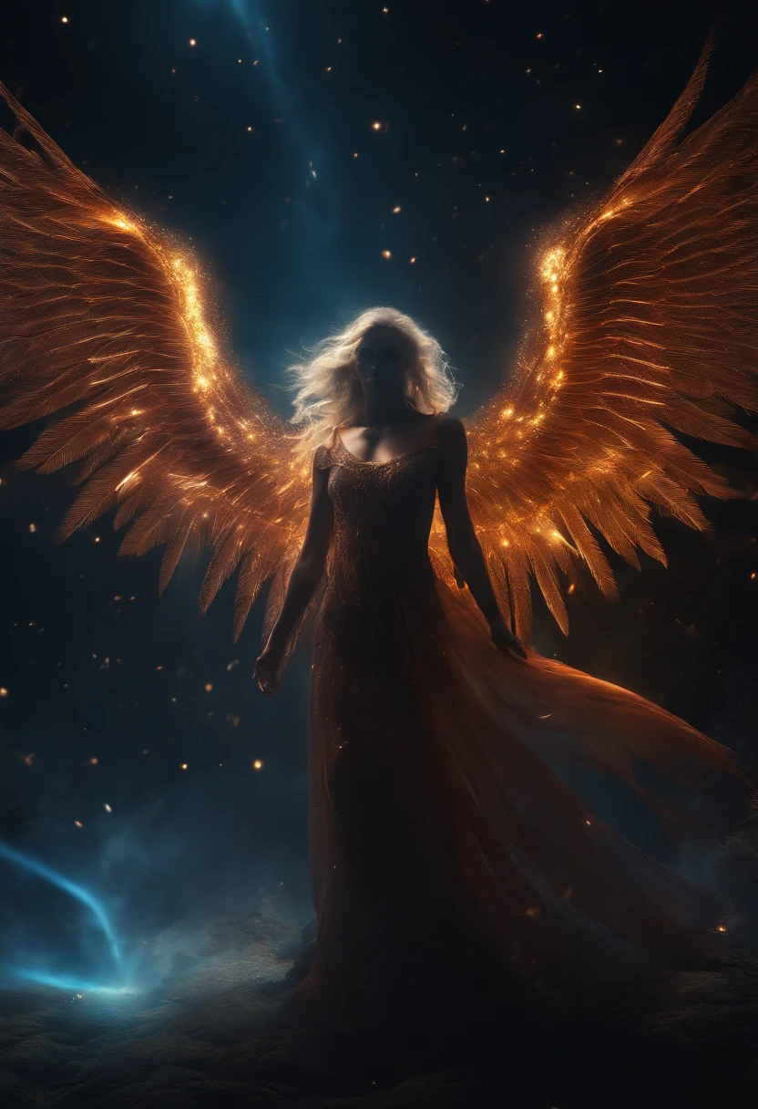 cosmic fallen angel, bright light eyes, Biomechanics, strange, scary, Nightmare, very bright colors, particles of lights, with bright light, Mshiff, Wallpaper art, UHD wallpaper
