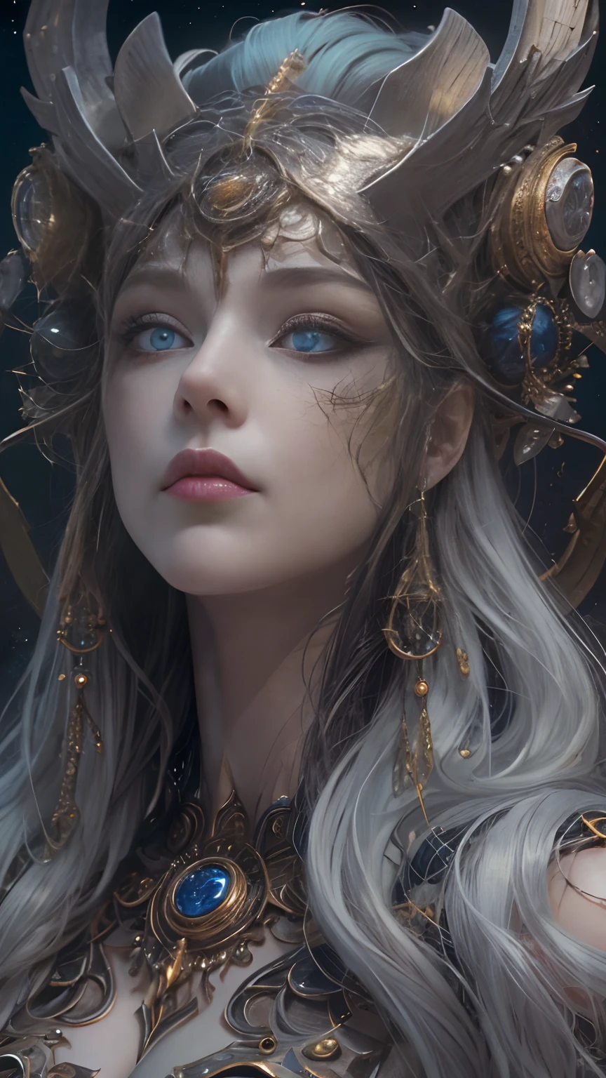 (best qualtiy,ultra - detailed,Most Best Illustration,Best shadow,tmasterpiece,A high resolution,professionalartwork,famousartwork),Detailed eyes,beautidful eyes,closeup cleavage,sci-fy,colored sclera,Robot eyes,face markings,Tattooed with,(fractalized,Fractal eyes),largeeyes,Wide eyes,(Eye focus),sface focus,Cosmic eyes,Space eyes,Close-up of metal sculpture of a woman with a moon in her hair,goddes。extremly high detail,3 d goddess portrait,Extremely detailed footage of the goddess,a stunning portrait of a goddess,goddess portrait,portrait of a beautiful goddess,goddess close-up portrait,hecate goddess,portrait of a norse moon goddess,goddess of space and time