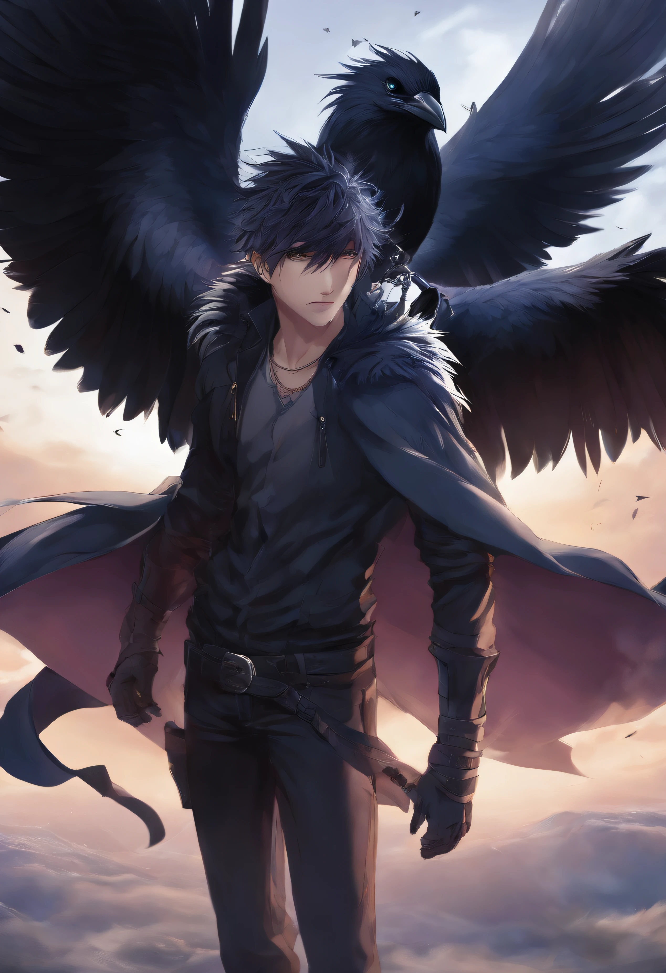 anime, male, fantasy, black eye, blue pupil, raven style, spiky hair, athletic, full body
