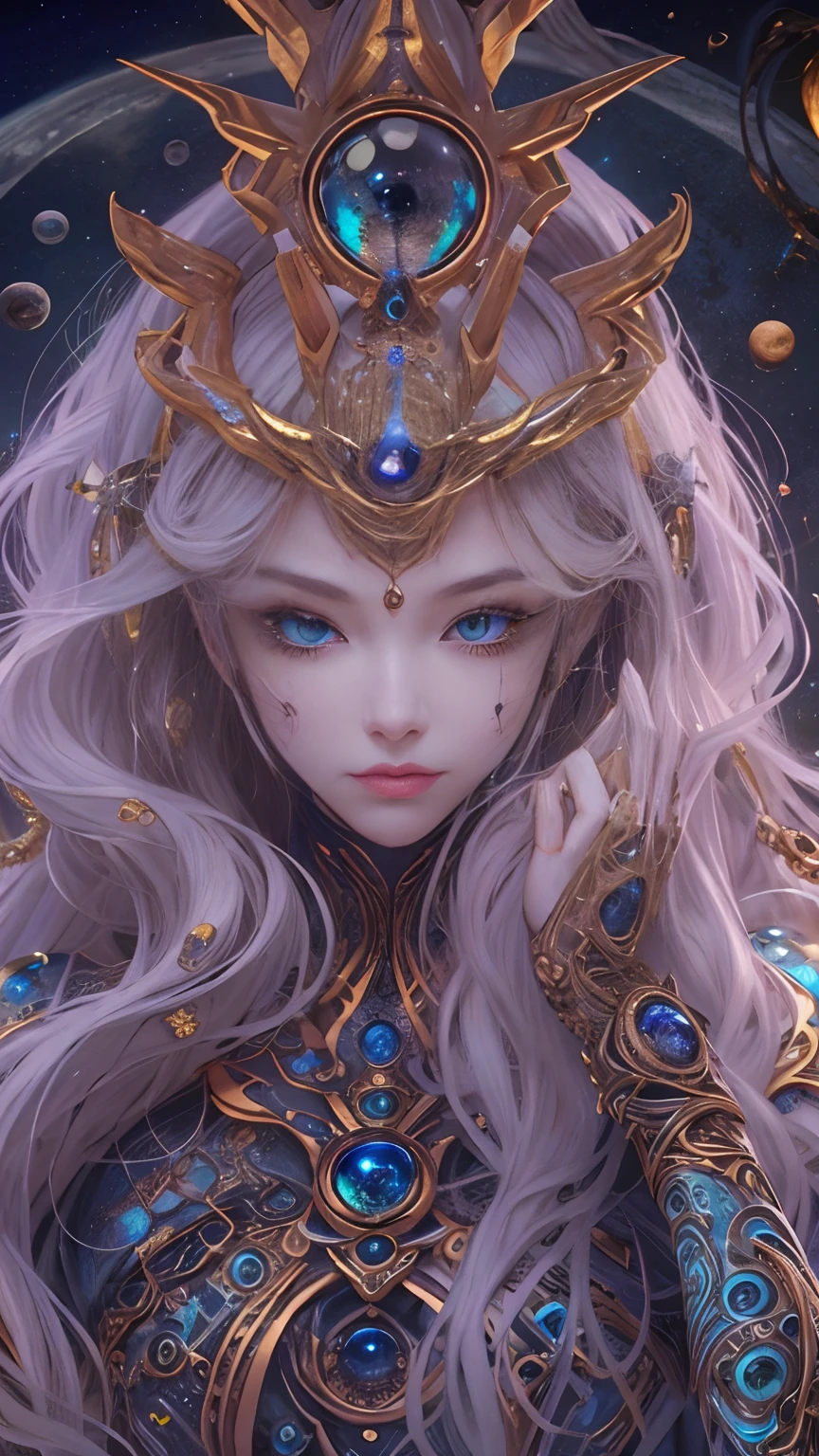 (best qualtiy,ultra - detailed,Most Best Illustration,Best shadow,tmasterpiece,A high resolution,professionalartwork,famousartwork),Detailed eyes,beautidful eyes,closeup cleavage,sci-fy,colored sclera,Robot eyes,face markings,Tattooed with,(fractalized,Fractal eyes),largeeyes,Wide eyes,(Eye focus),sface focus,Cosmic eyes,Space eyes,Close-up of metal sculpture of a woman with a moon in her hair,goddes。extremly high detail,3 d goddess portrait,Extremely detailed footage of the goddess,a stunning portrait of a goddess,goddess portrait,portrait of a beautiful goddess,goddess close-up portrait,hecate goddess,portrait of a norse moon goddess,goddess of space and time, future design, neonlight, metallic luster