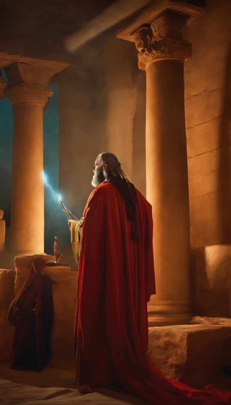 The apostle Moses looking at the screen, roupas compridas, Holding the Staff Ligon, Ultra foto realsisim