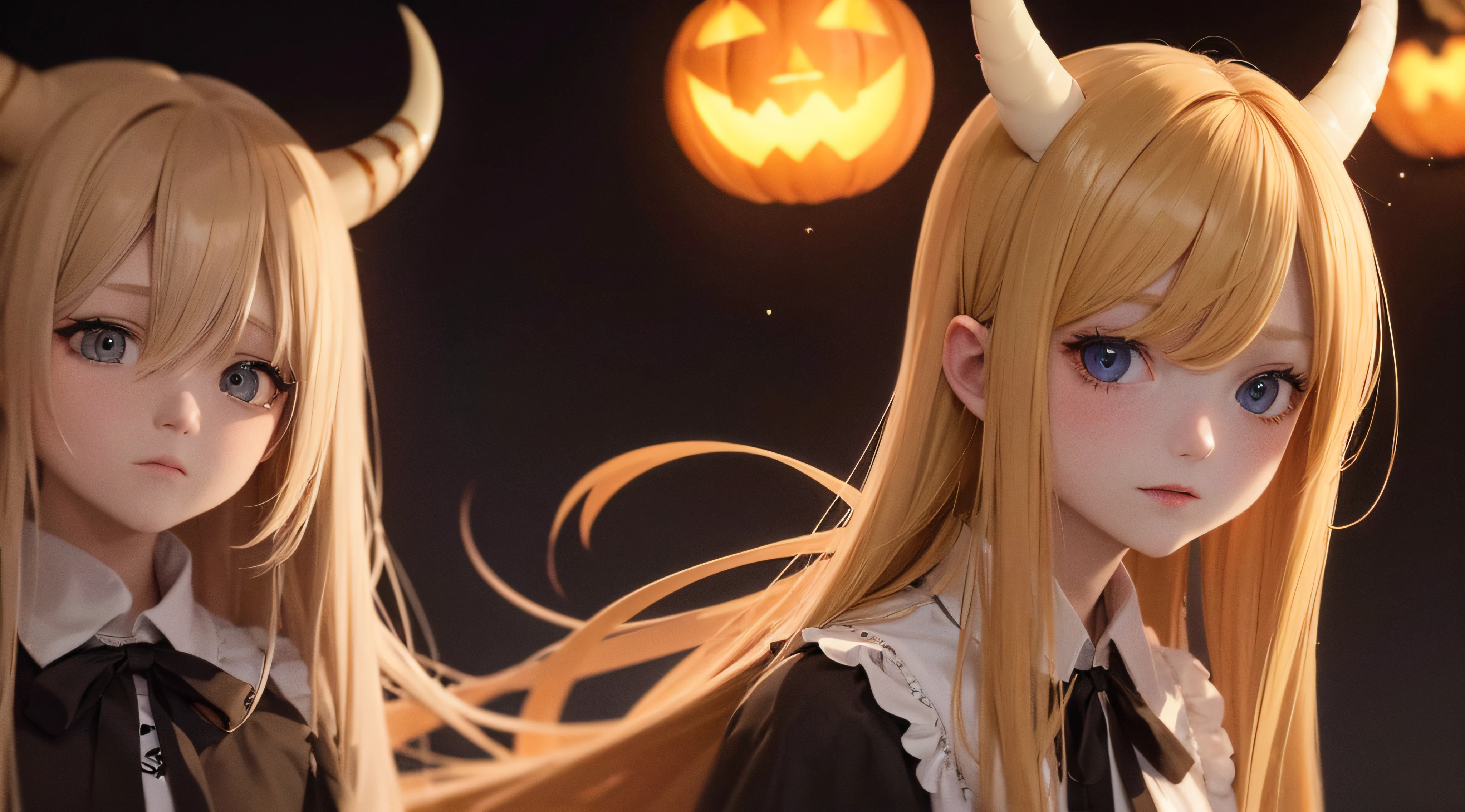 (obra prima) (perfection) (ultrarealista) (sem defeitos) Anime Girl - Beautiful Blonde Hair With Horns On Head, ambiente halloween, aboboras, triste, blood, bleed, castelo, noite, pouca luz, morcegos, ultrarealista