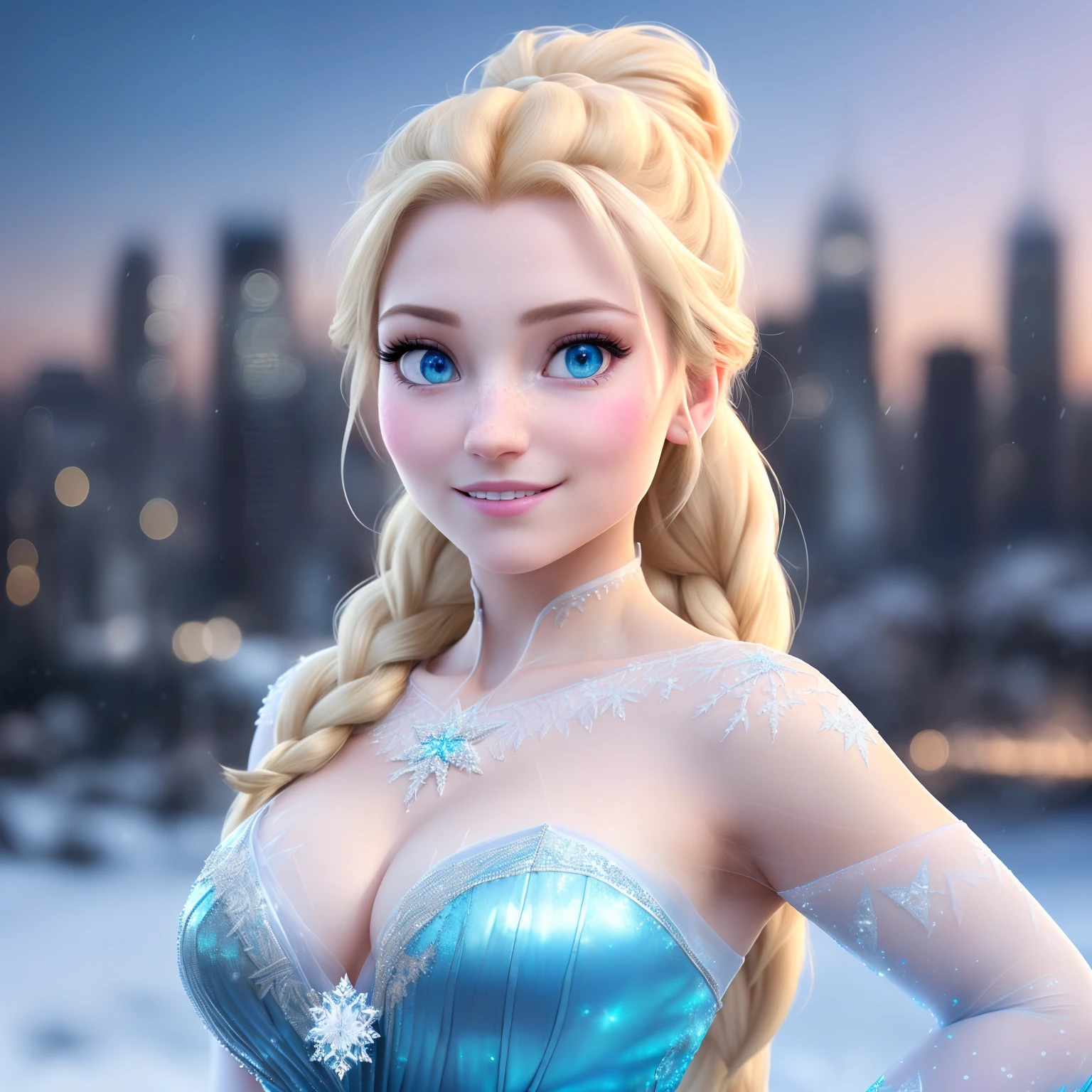 (8k), (best quality), (masterpiece:1.2), (realistic), (photorealistic:1.37), ultra-detailed, elsa, one piece blue, detailed face, ((frozen night city background)), (stands straight), ((perfect female body, skin dentation)), mature female, milf, narrow waist, smile, (full body), sexy legs, blonde | ponytail | wavy, high quality, HDR, 4K, photorealistic, incredible detail of the skin, professional photo