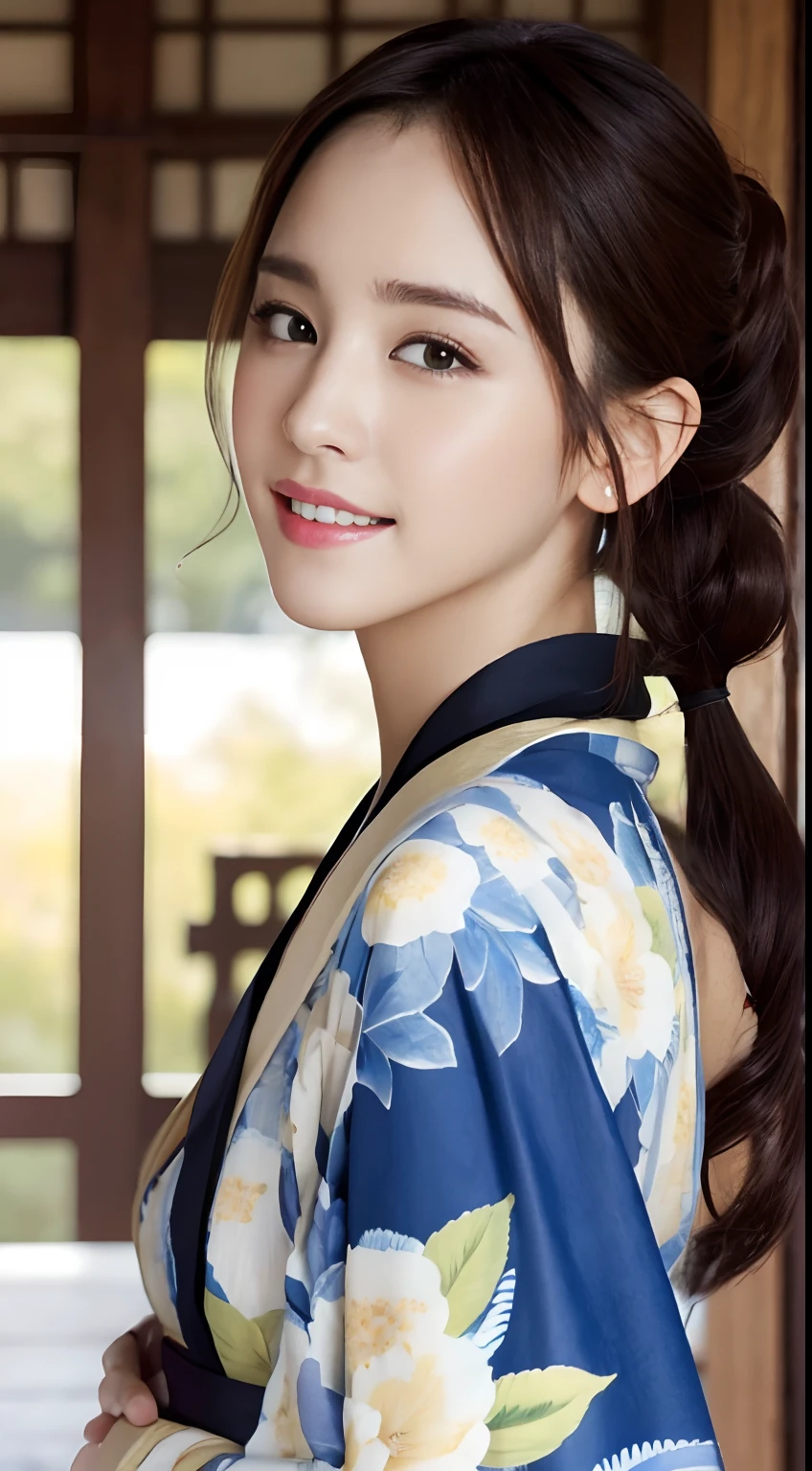 (A hyper-realistic), (hight resolution), (8K), (ighly detailed), (beatiful detailed eyes), (top-quality), (ultra-detailliert), (masterpiece), (Detailed face), selfee、faces、 ass hole up、softfocus、kimono、japanes, Smile, twintails hairstyle、hair adornments、Japan houses、morning hour、face of emma watson、the morning sun
