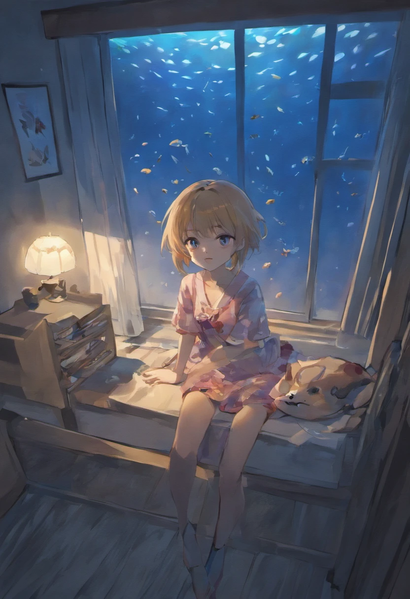 Fotorrealista,comic strips,anime big breast, boy,(natta,Moonlight poured in from the little boy'oom window,Illuminated a corner of the room。The little boy walkedthe living room,Under the light, you can see the colorful fish in the fish tank slowly moving。)