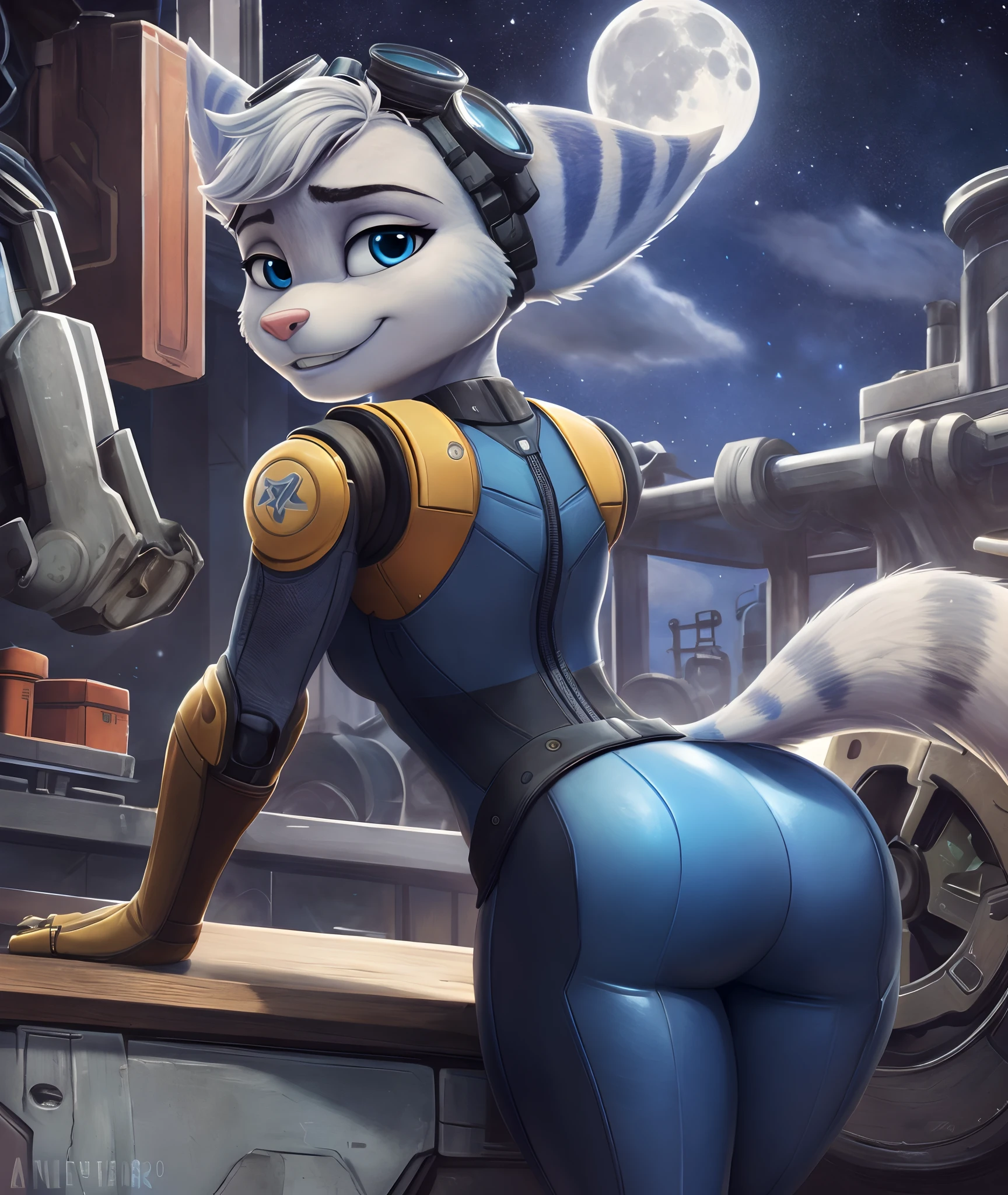 [rivet], [ratchet and clank], [Uploaded to e621.net; (mayosplash), (Pixelsketcher), (fluttershythekind)], ((masterpiece)), ((HD)), ((high quality)), ((solo portrait)), ((back view)), ((full body)), ((furry; antrho)), ((detailed fur)), ((detailed shading)), ((beautiful render art)), ((cel shading)), {anthro lombax; (slim figure), grey fur, pink nose, pointed ears, long grey tail, (cute round blue eyes), (half-closed eyes), (short eyelashes), (gorgeous hips), (beautiful legs), (blushing), (smug grin), (white teeth)}, {(blue skintight bodysuit grey lining), (yellow robot right arm), (goggles on head)}, {(standing), (bend over), (leaning on table), (looking back)}, [background; (mechanic shop), (gears and machinery), (starry sky), (full moon), (ambient lighting)]