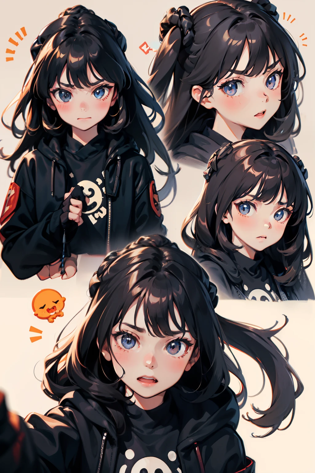 Cute girl avatar，Emoji pack，（glasses），((9 emojis，emoji sheet of，Align arrangement))，(9 poses and expressions),（grieves，astonishment，having fun，exhilarated，big laughter，Angry，doubt，Touch your head，Sell moe,cry），Anthropomorphic style，Chinese style，Black strokes，Different emotions，9 poses and expressions，8K