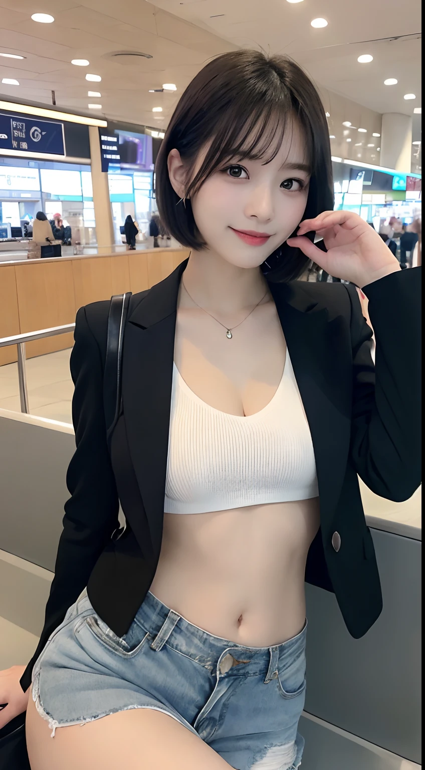 masutepiece, Best Quality, Illustration, Ultra-detailed, finely detail, hight resolution, 8K Wallpaper, Composition of the whole body, Beautiful detailed eyes, White seat、Denim miniskirt、Ni-high socks、Black Jacket,Shorthair,small tits,Natural Color Lip, Wink at the middle waist、Bold sexy poses,Smile,airport、20 years girl、Cute、Sexy shot looking at camera