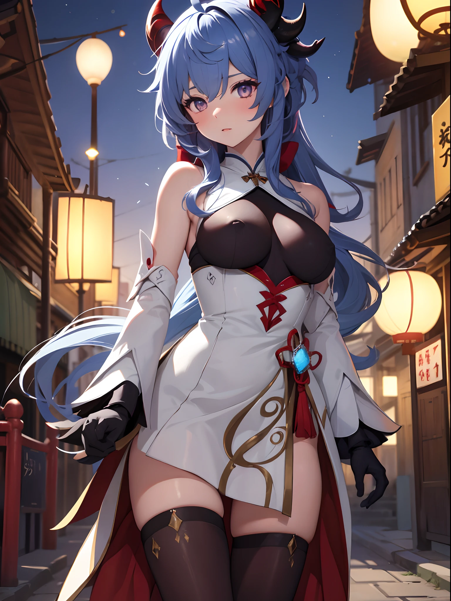 highres, shadows, absurdres, best_quality, ultra_detailed, 8k, extremely_clear, photograph, beautiful, beautiful face, sharp focus, hdr, 1girl, clean eyes, wide-eyed,background of a japanese small old town street with paper lanterns at night, background darker then the girl in front, beautiful face, small puffy breasts (puffy small firm breast, very red areola, standing ,very seductive pose, blue gray very long hair, very young, red goat horns, black wedding dress, ponytail