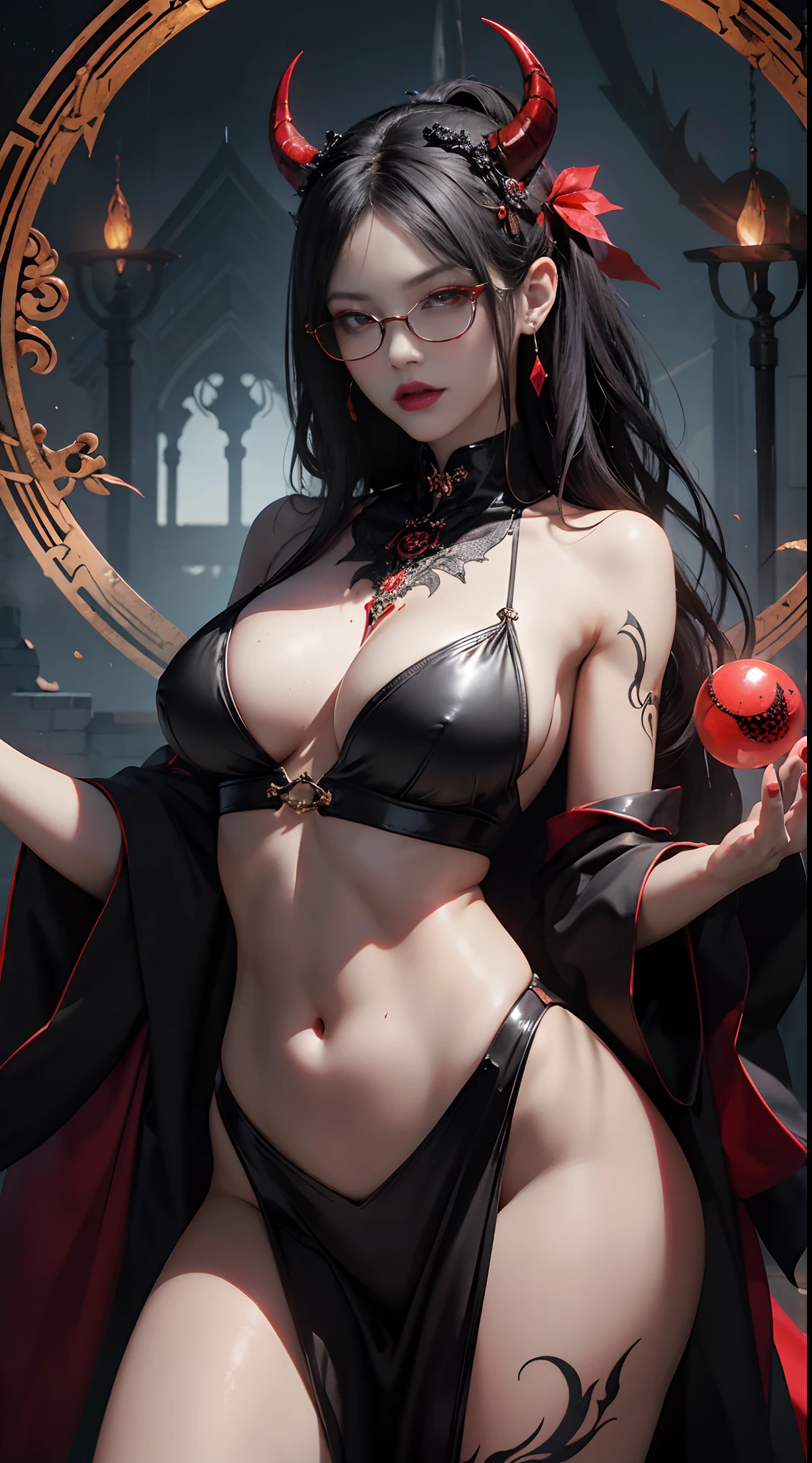 Fine、(The best illustrations)、8k UHD resolution、intricate-detail、top-quality、realisitic、ultra-detailliert、The best lighting、Best Shadows、Soft lighting、Ulutra HD、1 beautiful devil woman from hell, surreal female portraits by David Hockney and Alphonse Mucha, Fantasy Art, Chinese Doll、Dungeon and Dragon、Devil's Palace、Devil's Torture Chamber、magia、 A Necromancer、natta、Dark style、Succubus、Devil's Daughter、Bat Wings,(((Demon Horns)))、((((black-rimmed round glasses))))、(((Colossal tits)))、(Devil's Tail)、(red eyes glowing:1.6)、 intricate tattoos, demonic intricate tattoos, thigh tattoos, body tattoos, masterpiece、beautiful countenance、Muscular seductive body、The enchanting body of the devil、Seductive Black Magic Costume、A shiny red snake is wrapped around her hand、Tindall Effect、photos realistic、(High Detail Skins:1.2)、 (Intricate details, makeup, pureerosface_v1:0.5), (Detailed beautiful delicate face, Detailed beautiful delicate eyes, A perfectly proportioned face, High detailed skin, Detailed skin, best ratio four finger and one thumb, arms below breasts, Tattoo with a red glow under the stomach、Awesome awesome, wide hips, smooth midriff, skiny and thin, __Fashion__, __hair__:1.25)、Digital SLR、hightquality、a picture、hight resolution、 absurderes、Ponytail distortion、1人、Red sparkling gemstone necklace、jewely、Beautiful expression、Body Up、Large breasts emphasis、Toned waist、Wide buttocks、Devil's Tail、intricate tattoos, demonic intricate tattoos, thigh tattoos, body tattoos, effect、Photorealsitic、(High Detail Skins:1.2)、In the Dark, lowkey, cowboy lens, (Black Phoenix Dress: 1.0), Seductive Black Magic Costume、Long hair, Black hair, Bust, Devil's Palace, devil crown, red eyes make up very sharp and detailed, The most beautiful face, Super tight breasts, Breast augmentation surgery, The breasts are very big and round and round, Black magic costume、Super realistic , Charming smile, The eyes are very well made up, ((Red Eye:1.0)), guweiz, devil style,Muscular seductive body、 wearing black m