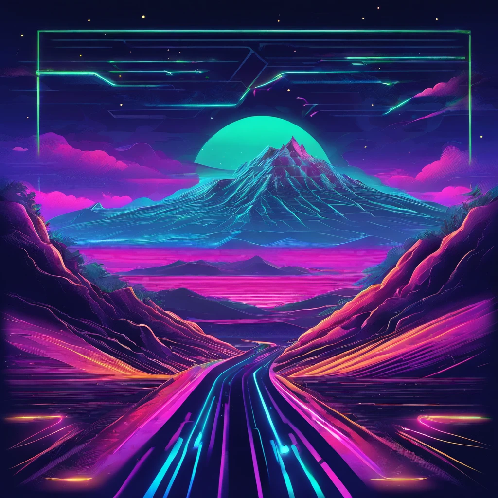 retro wave, road, jungle, dark blue and green neon lights, moon, mountain, night sky, futuristic, (masterpiece, ultra detailed, high resolution)