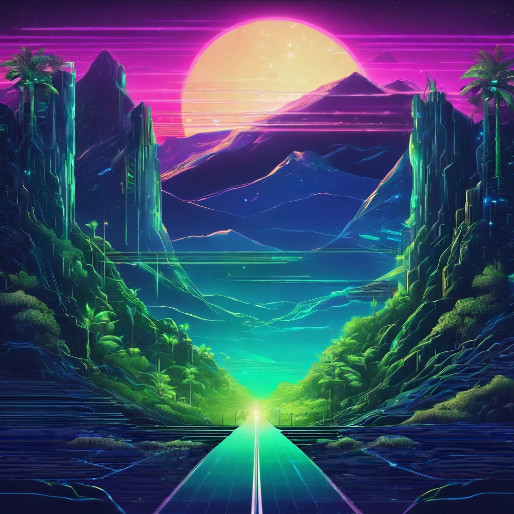 retro wave, road, jungle, dark blue and green neon lights, moon, mountain, night sky, futuristic, (masterpiece, ultra detailed, high resolution)