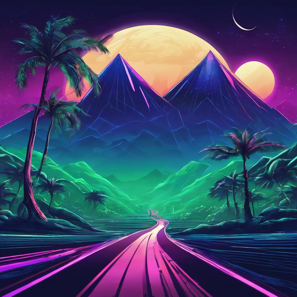 retro wave, road, jungle, dark blue and green neon lights, moon, mountain, night sky, futuristic, (masterpiece, ultra detailed, high resolution)