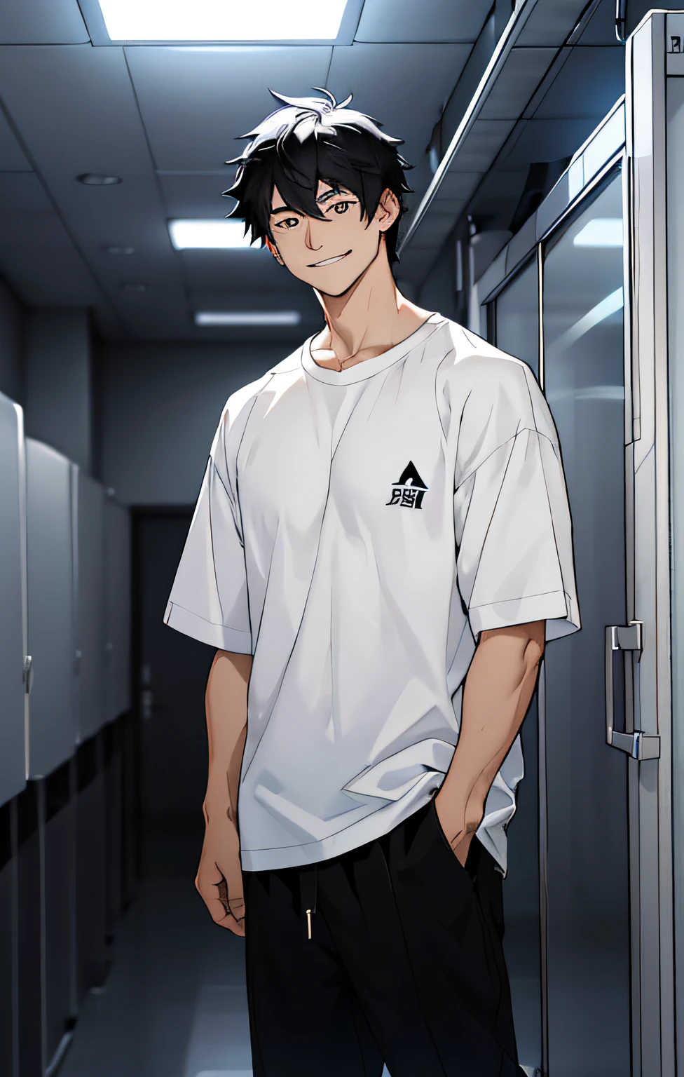 （tmasterpiece，Best quality at best，absurd res），1人,  with short black hair, Single male, White shirt, Black eyes, Closed mouth, standing, Smile, Short sleeves, T-shirt, Closed mouth, are standing，（fluorescent light），（a color），