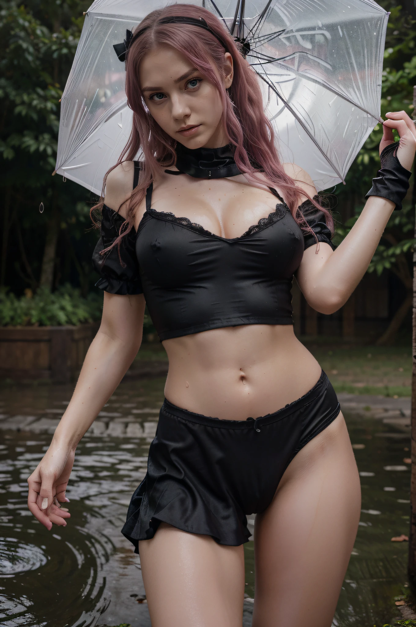 Perona from One Piece, pink hair, long hair, curly hair, green eyes, gothic clothes, gothic girl, 18 yo, sexy underwear, wet clothes, transparent clothes, dark fantasy, dark light, ghothic envoirment, moon light, ghost with smile, (Masterpiece: 1.4), (8K, Real, Raw Photo, Best Quality: 1.4), Ultra High Resolution, Ultra Realistic, High Definition, Golden Ratio, (Detailed Face: 1.4), using ghotic umbrella, raining, (2 girls fighting), angry face, bloody skin, heart nipples, pinky nipples, perfect breast, skinny, very skinny, wet night, music, very detailed penis, transparent underwear, no underwear, wet clothes, black silk, pubic hair, detailed abs, gothic girl, nervous smile