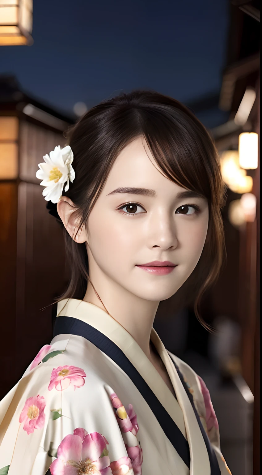 (A hyper-realistic), (hight resolution), (8K), (ighly detailed), (beatiful detailed eyes), (top-quality), (ultra-detailliert), (masterpiece), (Detailed face), selfee、faces、softfocus、Kimono、Floral kimono、japanes, Smile、hair adornments、Japan houses、face of emma watson、Night view