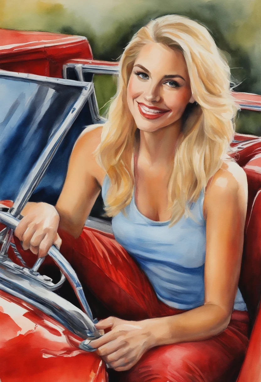 (tmasterpiece, Better quality),1 happy blonde sexy young girl smiling light hair sitting on red Lamborghini cart, Hands under the chin, Warm lighting, Blue jeans and shirt, Blurry close-up