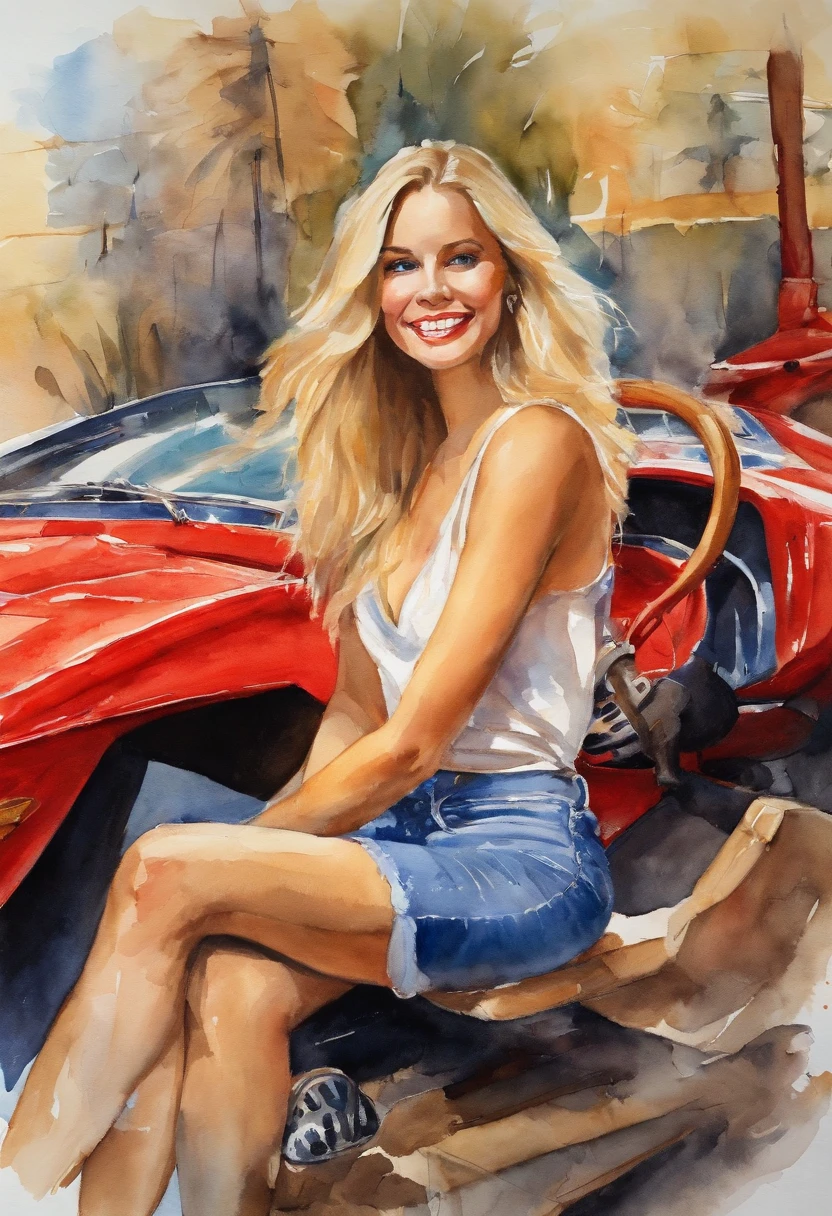 (tmasterpiece, Better quality),1 happy blonde sexy young girl smiling light hair sitting on red Lamborghini cart, Hands under the chin, Warm lighting, Blue jeans and shirt, Blurry close-up