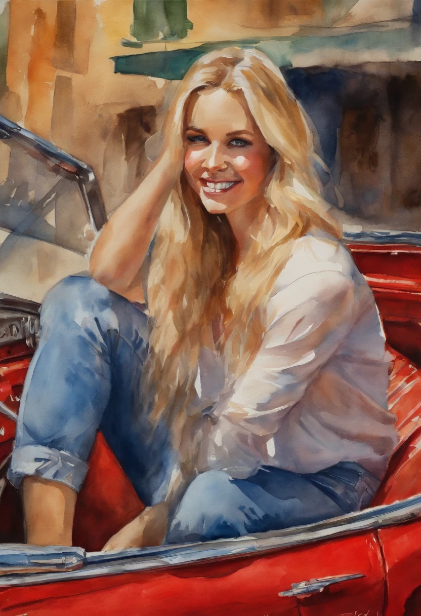 (tmasterpiece, Better quality),1 happy blonde sexy young girl smiling light hair sitting on red Lamborghini cart, Hands under the chin, Warm lighting, Blue jeans and shirt, Blurry close-up