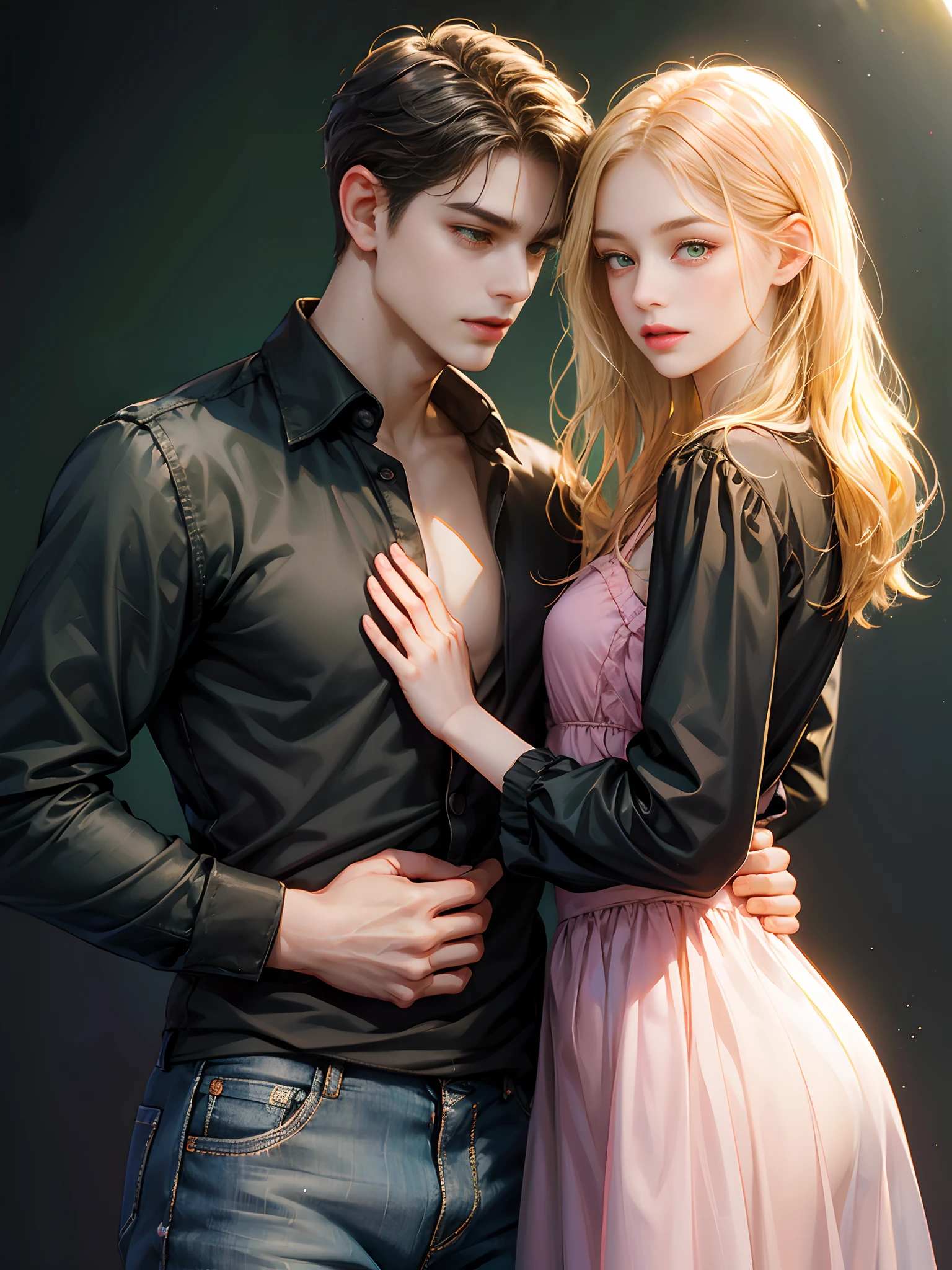 He has green eyes, he looks at the girl