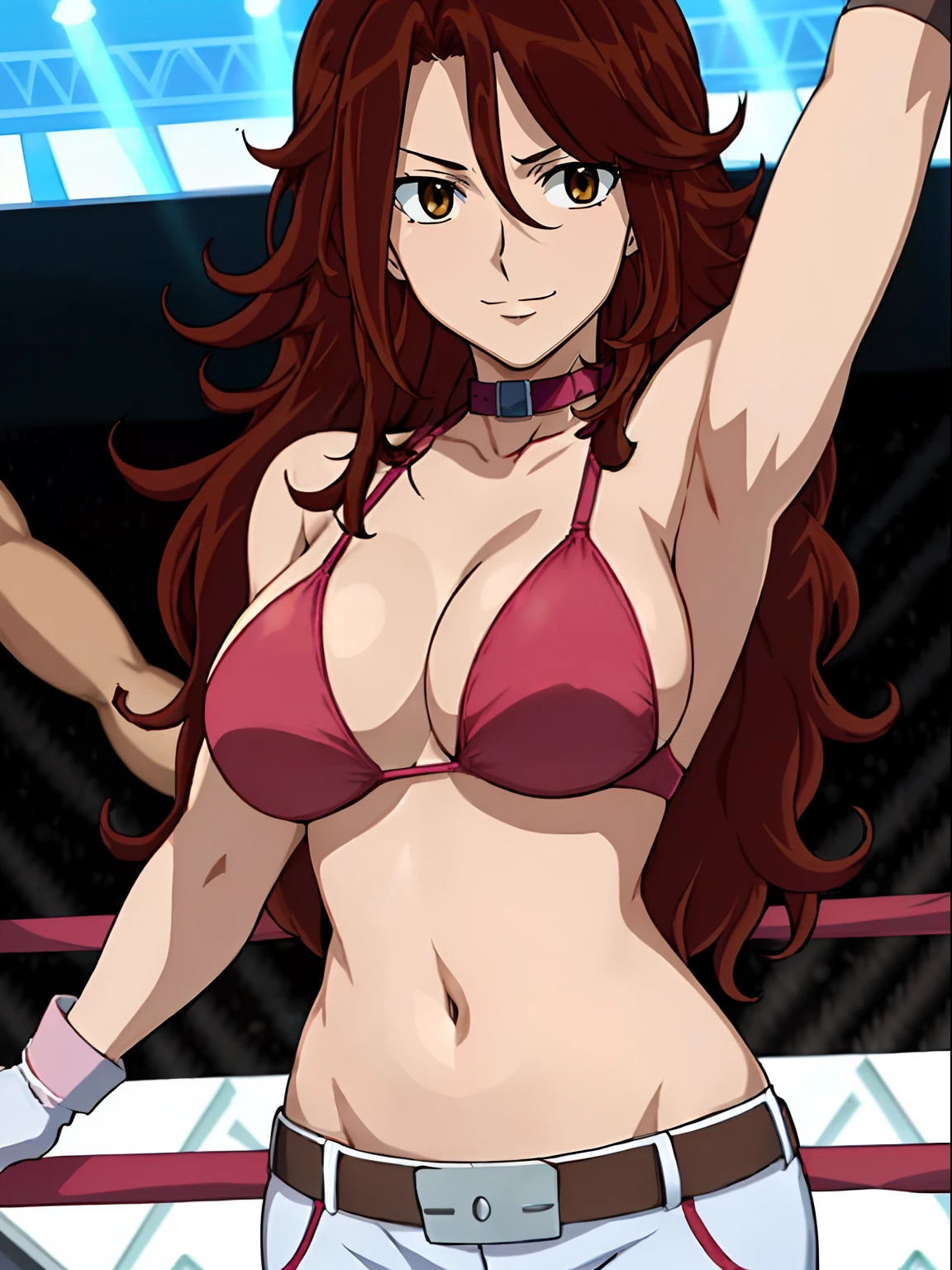 Best Quality, hires, curvy midsection, solo, 1 girl, strong woman, female wrestler, smile, happy), (detailed titration screen, upper body only, anime style: 1.8, anime drawing, ultra detailed face, ultra detailed body, 4k, Sumergai Lee Noriega, (standing), best quality, anime style, hires, highest definition, digital blending, bold drawing lines, ((wwe diva), ((White Background)), ( pro female wrestler, long attractive belly, slim body, (strong arm muscles), broad shoulders , off-shoulders, closed fists, (very curvy: 2.8)), ((elegant red bikini , shorts, white gloves, collar, arm band, (champion belt))), (pale skin, big breasts, closed mouth), (big eyes, brown eyes, shiny eyes), (), (reddish hair, loose hair, curly hair, wavy hair, long hair, missy hair), 27 years old