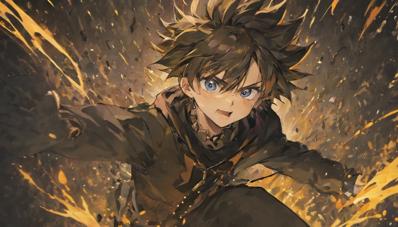 anime, male, fantasy, black eye, blue pupil, raven style, spiky hair, athletic, full body, head to feet