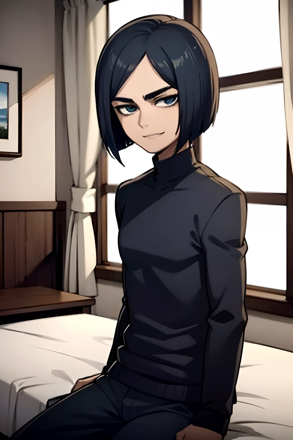 young man, masculine,  bob haircut, blue hair, black sweater, blue pants, 4k, In a room, Sit on the bed, brown wooden walls, 4k, rain on the window in the background, distracted smile face ,