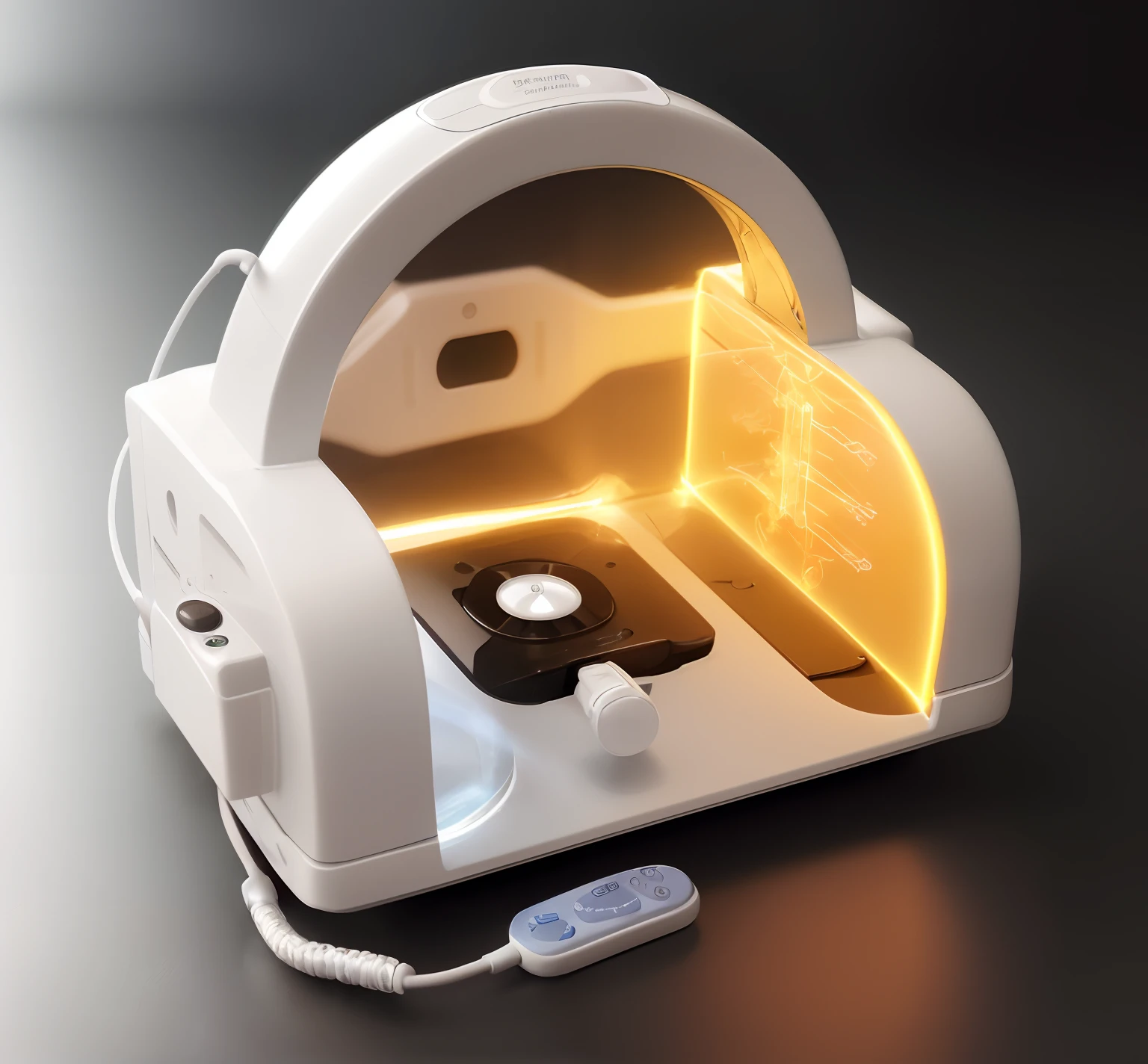 Close-up of a small portable device with a remote control, Medical equipment, with electric arc device, author:Melissa Benson, author:Kurt Roesch, Product photo, medical machinery, full bodyesbian, Full-body, Vista view, bear, pi-slices and kidmograph, digital medical equipment, Majesty, VTM, surgical equipment, image