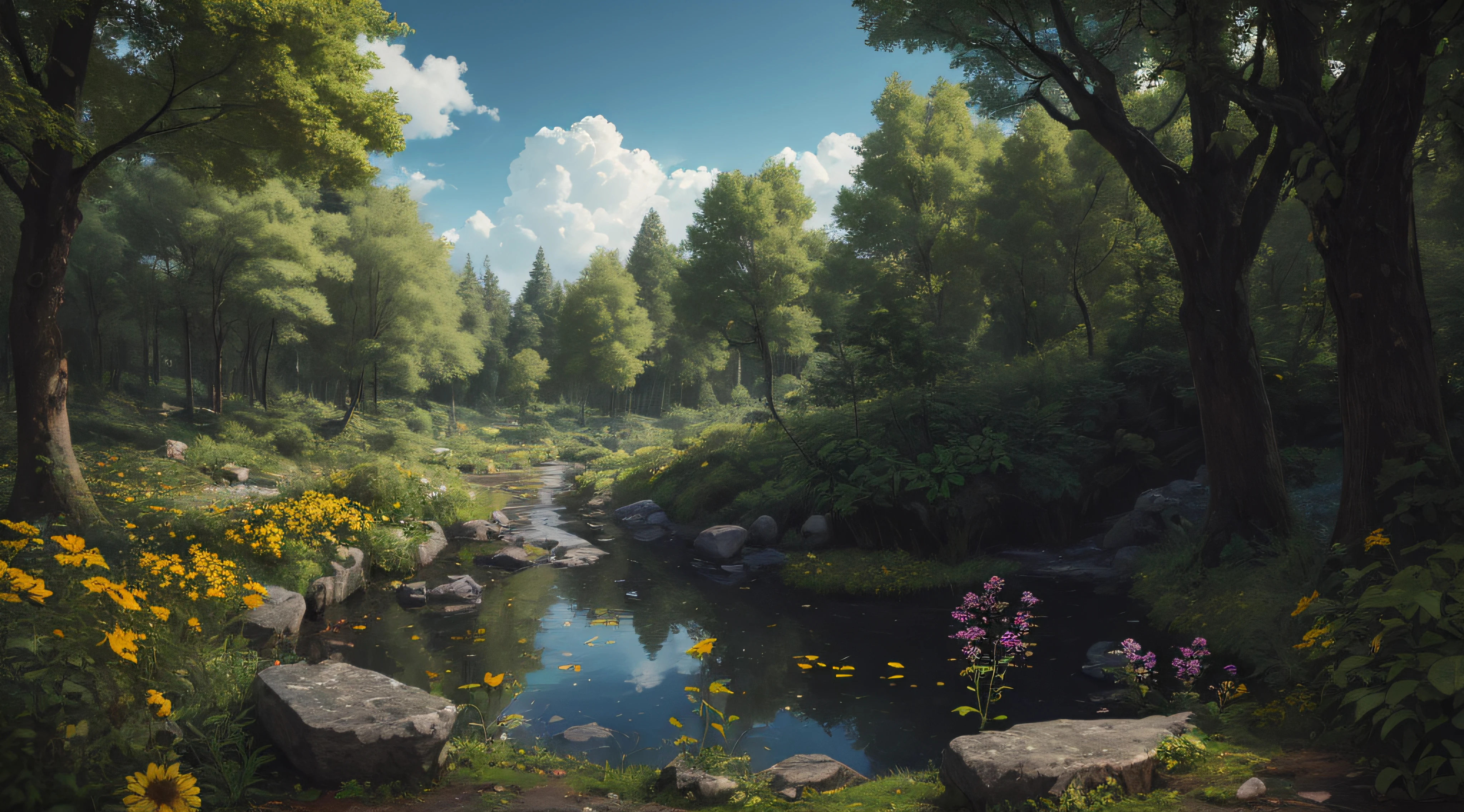 Forest, trees, sky, flowers and plants, depth of field, hollow, dark color, earth, stone, yellow, green