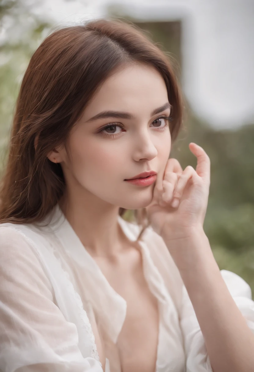 Woman posing for photo with right hand up , white shirt, gorgeous model, holding right hand up, brown hair, attractive model, 2 4-year-old female model, face and upperbody shot holding right hand up, jaw-dropping beauty, straight face