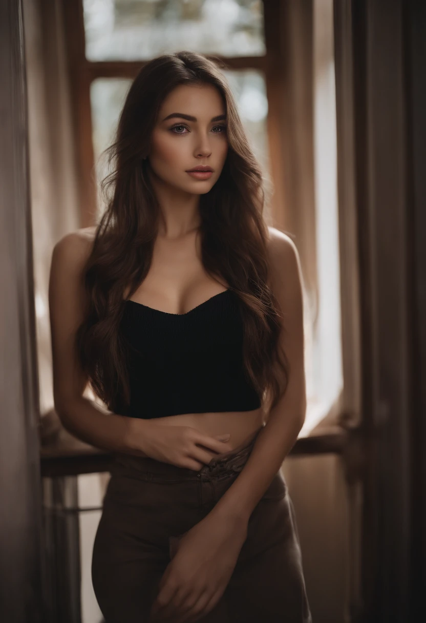 Totally Alafed Women , Sexy girl with brown eyes, A hyper-realistic, meticulously detailed, Portrait Sophie Mudd, brown hair and large eyes, selfie of a young woman,  Violet Myers, without makeup, Natural makeup, Looking directly at the camera, face with artgram, subtle makeup, Stunning full-body shots, In the city, Bust of medium size、I don't wear anything on my upper body.、take off bra、Black tights