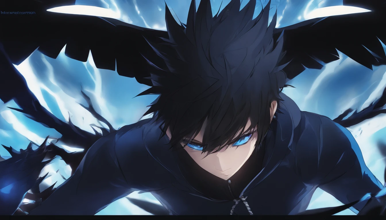 anime, male, fantasy, black eye, blue pupil, raven style, spiky hair, athletic, full body, head to feet
