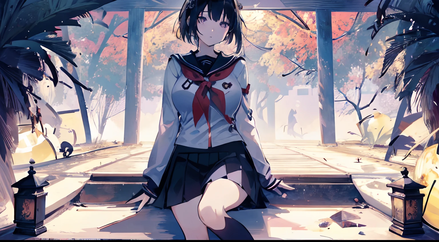 Illustration, UHD, retina, masterpiece, accurate, anatomically correct, super detail, high details, high quality, award winning, best quality, highres, good anatomy, 1080P, HD, 4K, 8k, 16k, 1girl, dynamic pose, androgynous, detailed eyes, detailed clothes, detailed hair, rendering, strands of hair, cute waifu, Japanese scene, solo, on the right of the scene, sitting down, looking to the left, short black hair, bangs, locks, purple eyes, frown, big breast, wearing a sailor uniform, wearing a black micro pleated skirt, bare legs, intricate decorations, sitting on a step