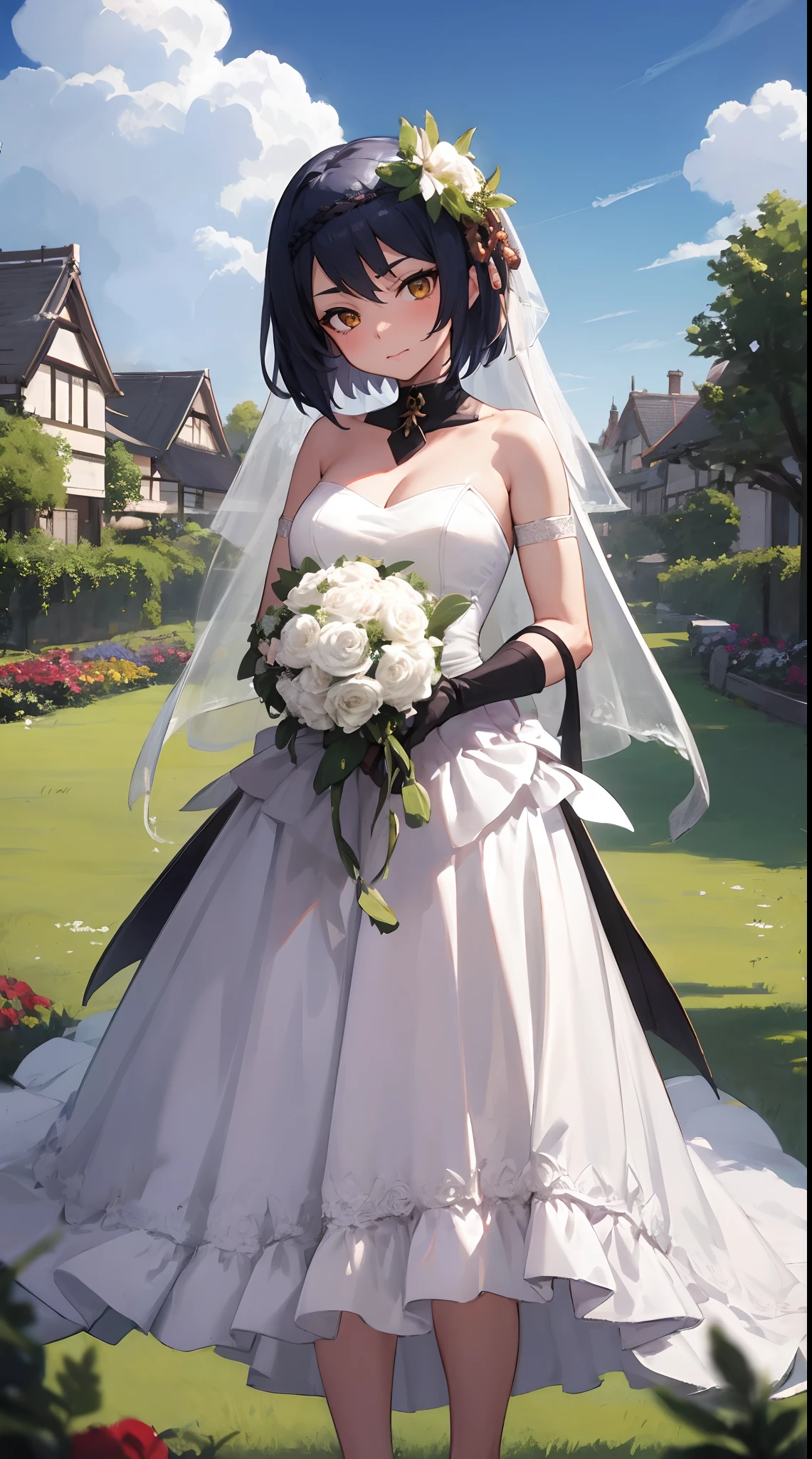 Kujou Sara | genshin impact, master-piece, bestquality, 1girls,25 years old, proportional body, proportional., Wedding Dresses, White Wedding Dress, Long skirt, wedding, ,bara, Standing in the middle of a flower garden, outdoor, wedding, The sky is beautiful, Both hands hold a bouquet of flowers........................................................., View viewers from the front., Thigh strap, Head tilt, bored, 10, 10, HD, slight smile,