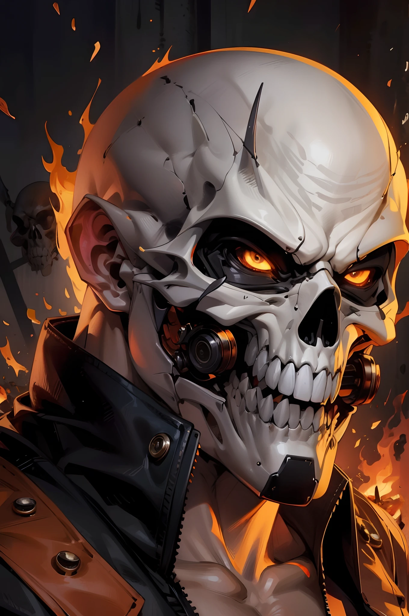 an robotic skull with an flaming ayes, nightmare fuel, giga chad, danbooru, head is up, peterdraws, villager, unpleasant face, his head is a partial skull, ghost rider vibes, wearing a leather jacket, nightmare fire skull, a black mist comming out from the body, ghost rider vibes, an robotic skull with an flaming ayes