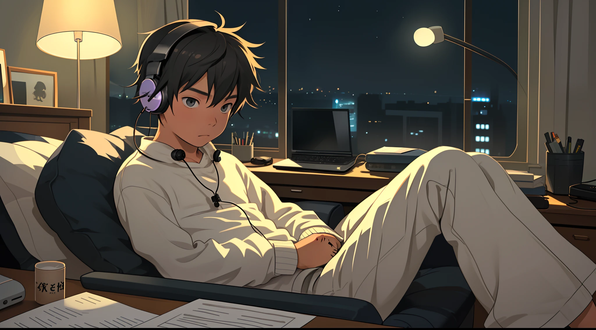 A little boy sits at his desk studying,Listen to music with headphones on,Relaxing and comfortable atmosphere in a night bedroom setting