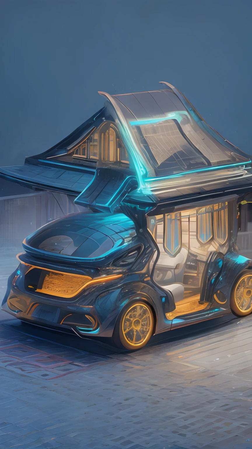A car in the shape of a house, creative design, future design, neon, metallic luster