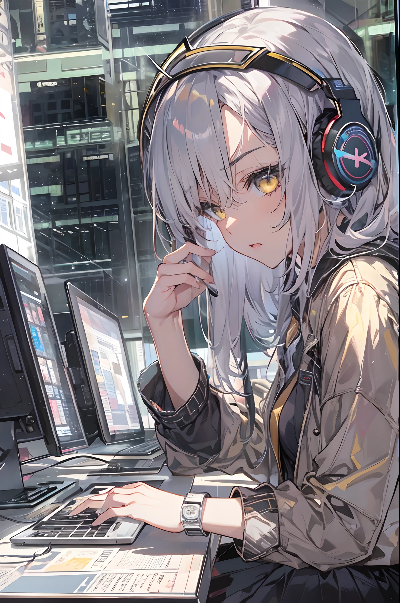 Woman using computer with big screen、silber hair、Semi-long hair、Wearing cool headphones,{{{{{{{{ Black Parker Oversize }}}}}}}},beautiful and delicate golden eyes,Thinking,black Clothes,