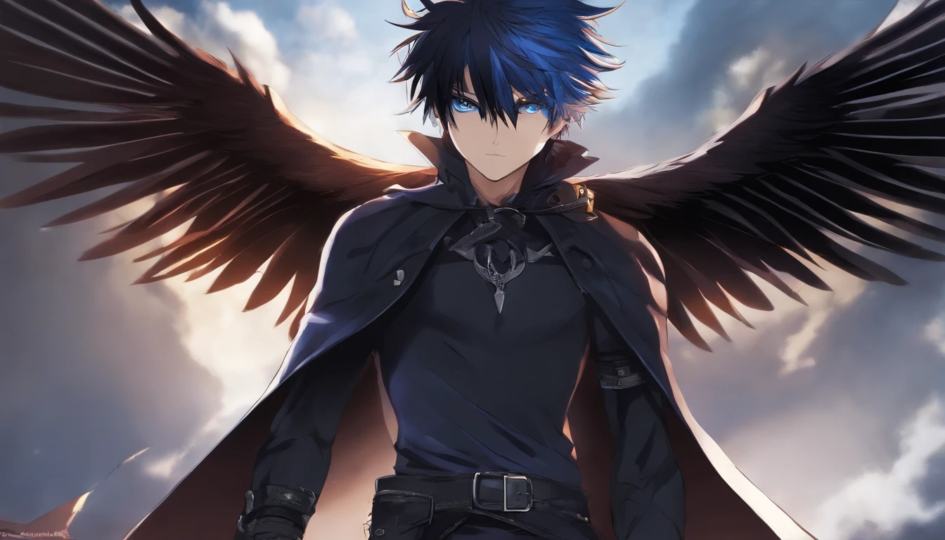 anime, male, fantasy, black eye, blue pupil, raven style, spiky hair, athletic, full body