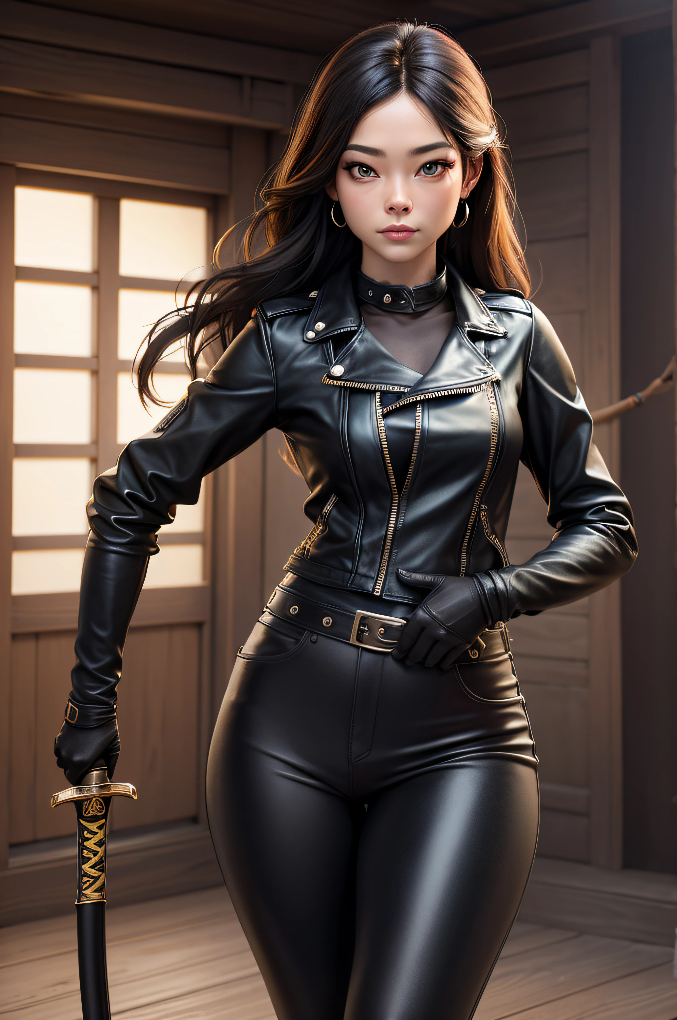 Kristin Kreuk avec queue de cheval, Yeux verts, Portrait complet du corps, Dressed in black leather pants and a yellow leather jacket, bottes en cuir noir, earrings, Collier pour chien, gros seins, Taille fine, gros cul. Prenant la pose avec un katana telle une ninja. en background, un temple japonais sur fond de soleil couchant .realistic image, detailed skin, face detailed, hyper realistic, posant pour l'appareil photo, Professional model, DSLR photo shoot.