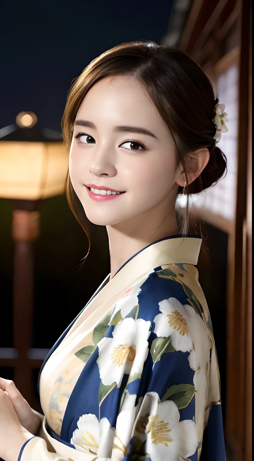 (A hyper-realistic), (hight resolution), (8K), (ighly detailed), (beatiful detailed eyes), (top-quality), (ultra-detailliert), (masterpiece), (Detailed face), selfee、faces、softfocus、Kimono、Floral kimono、japanes, Smile、hair adornments、Japan houses、face of emma watson、Night view、starrysky